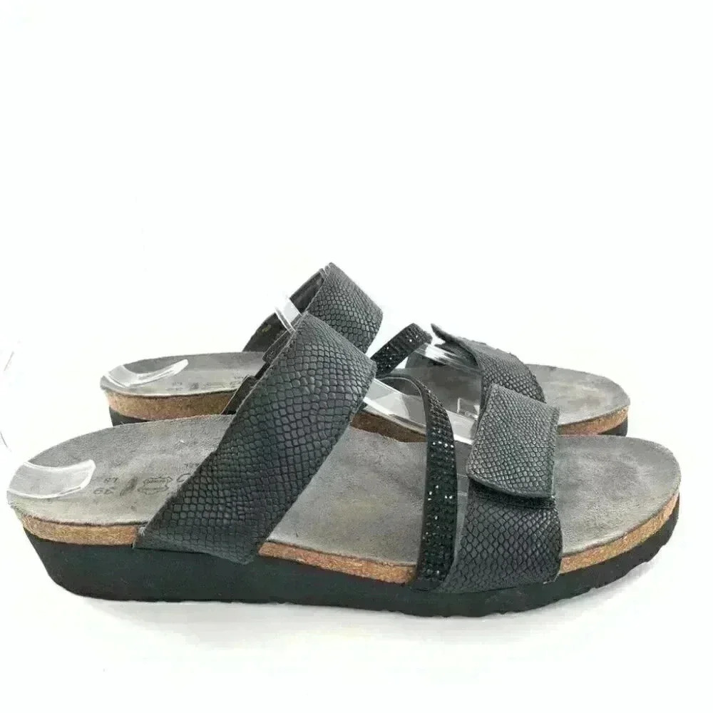 Naot sandals 39 8 black leather snakeskin print sticky strap walking comfort - Picture 12 of 12